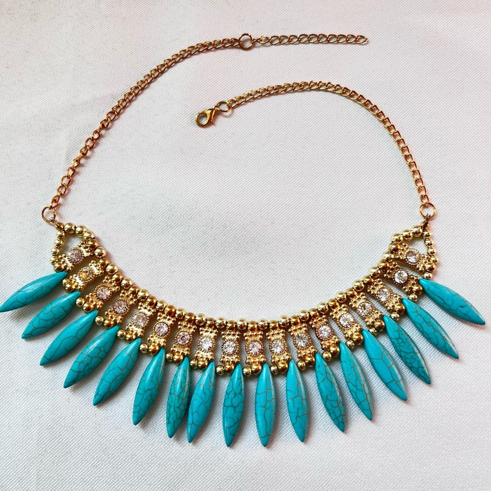 Boho Statement Necklace Gold Chain Turquoise Spike Beads & Rhinestones Jewelry